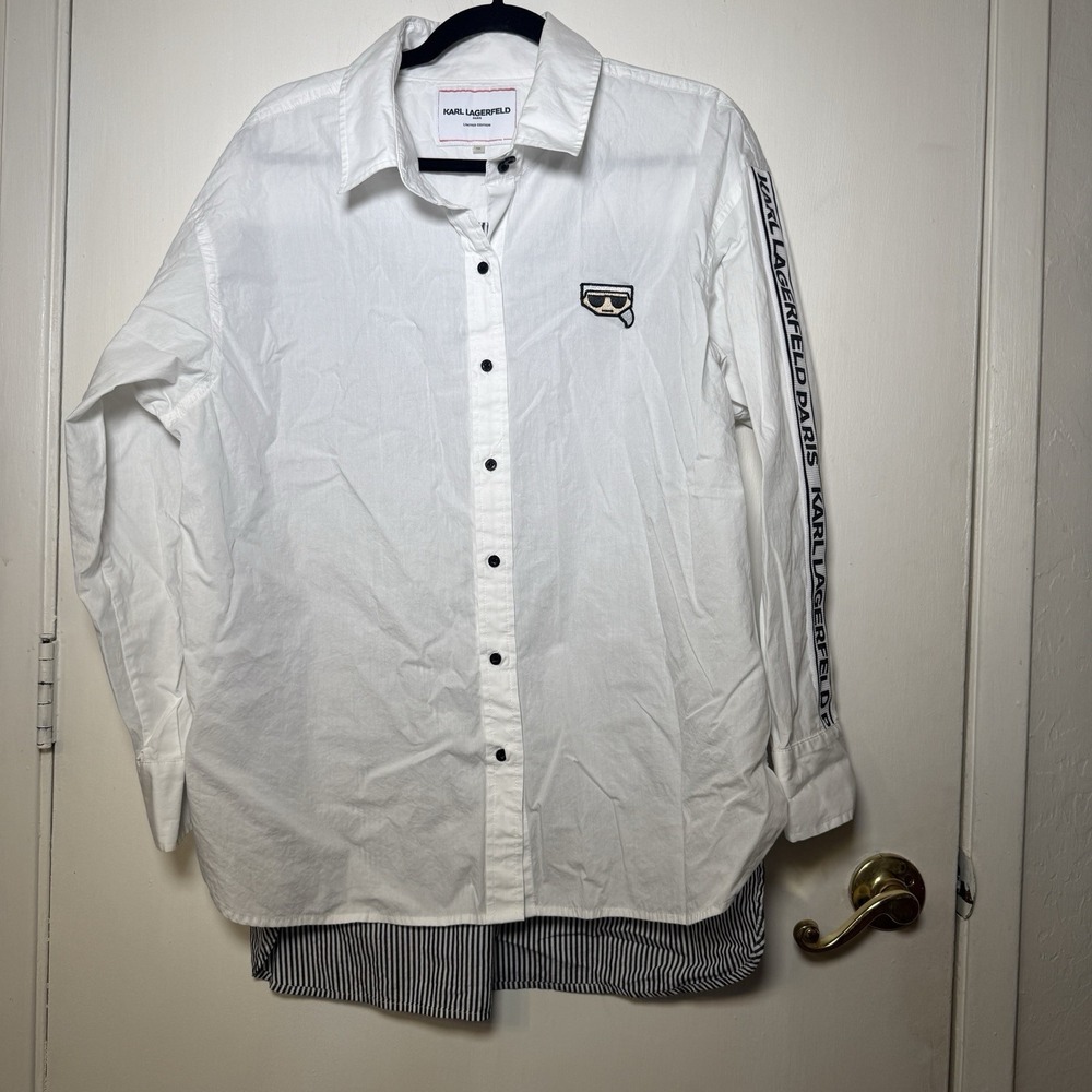 Karl Lagerfeld Paris Shirt Womens XL White Striped Limited Edition Button Tunic - Picture 1 of 7